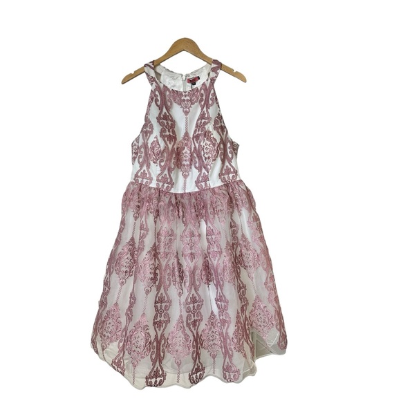 Chi Chi London NEW Pink Halter Dress Tulle Embroidered Overlay Damask Size 16 - Picture 9 of 16